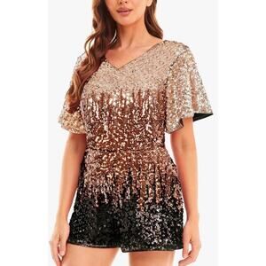 MANER L Sequin Romper Sparkly Short Jumpsuit Flutter Sleeve Brown/Black Swiftie